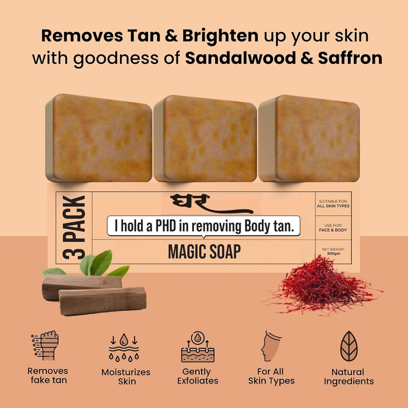BerryBliss Ghar Soap Sandalwood & Saffron Magic Soap For Bath,Paraben Free(3 x 100 g)